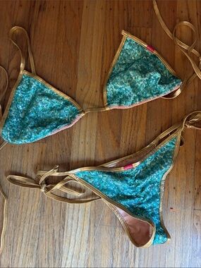 Sequin Teal Bikini Set with Gold Trim Doll